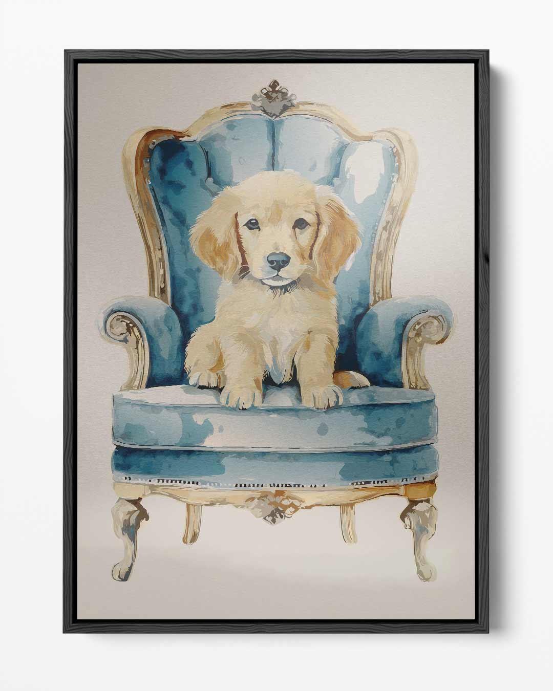 Koninklijk Hondje op Blauw Stoeltje Kunstwerk-canvas-dibond-plexiglas-wanddecoratie-WallArtistic