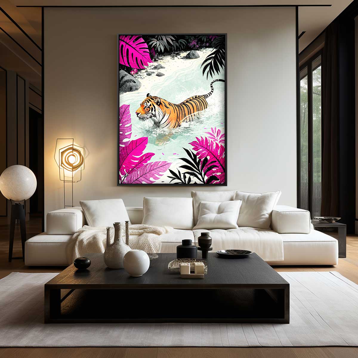 Tijger in Kleurrijke Jungle Kunstwerk-canvas-dibond-plexiglas-wanddecoratie-WallArtistic