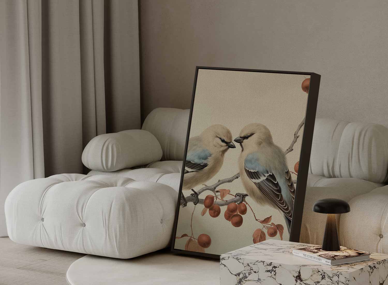 Vogelpaar op Tak Kunstwerk-canvas-dibond-plexiglas-wanddecoratie-WallArtistic
