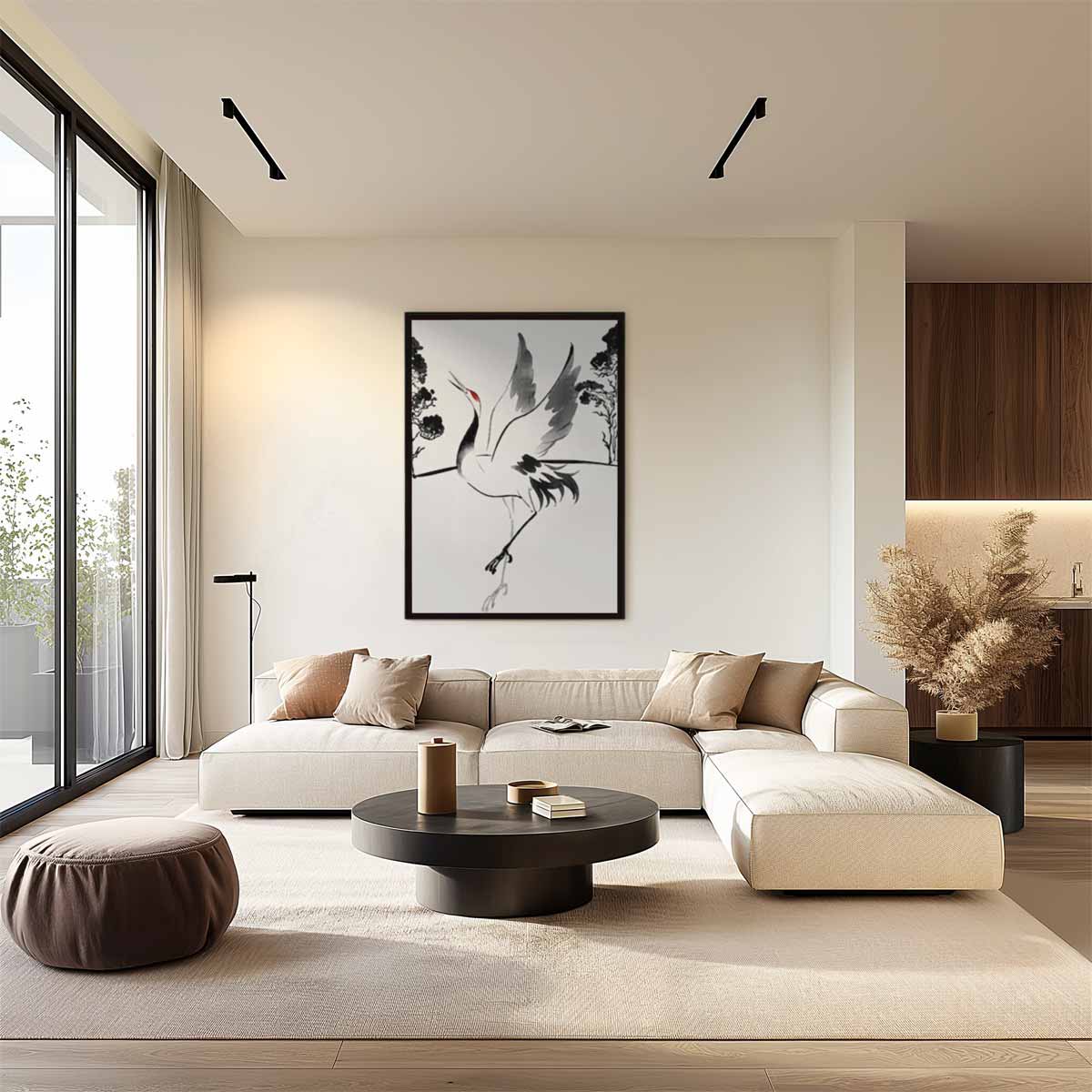 Dansende Kraanvogel in Inkt Kunstwerk-canvas-dibond-plexiglas-wanddecoratie-WallArtistic
