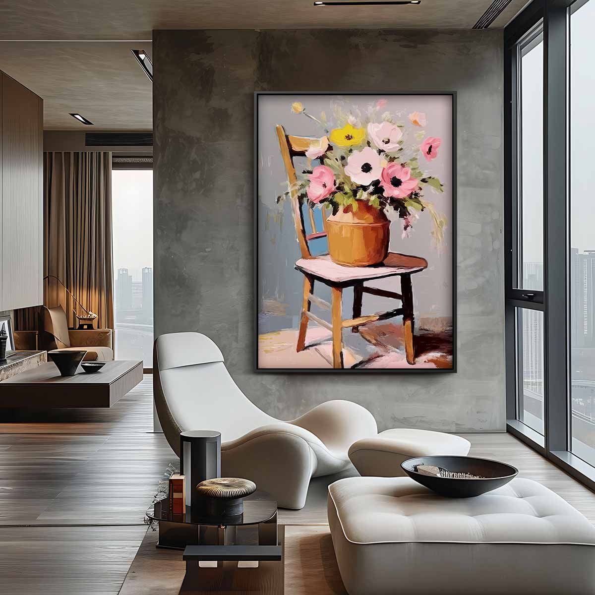 Bloemenpracht op Stoel Kunstwerk-canvas-dibond-plexiglas-wanddecoratie-WallArtistic