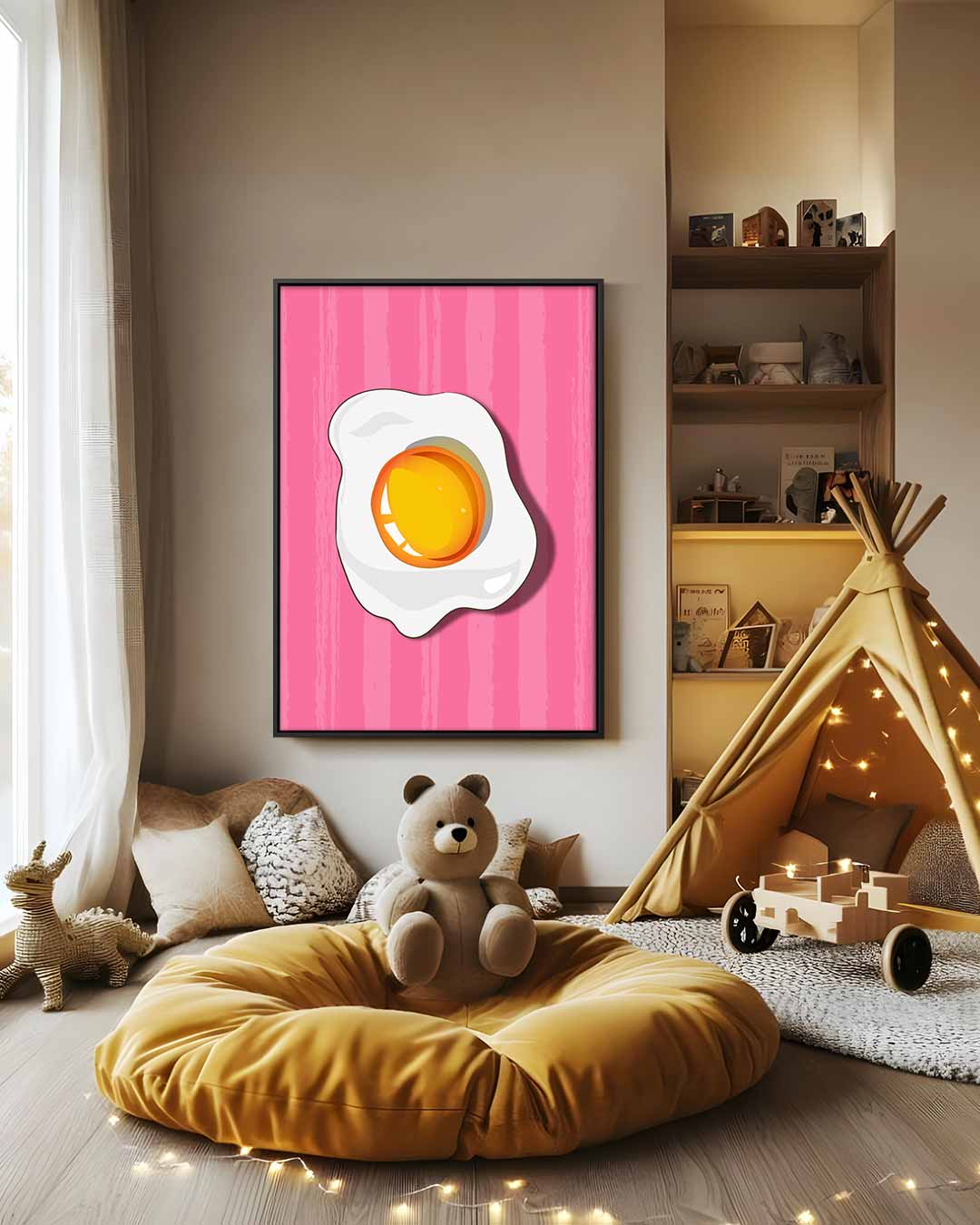 Vrolijk Gebakken Ei op Roze Achtergrond Kunstwerk-canvas-dibond-plexiglas-wanddecoratie-WallArtistic