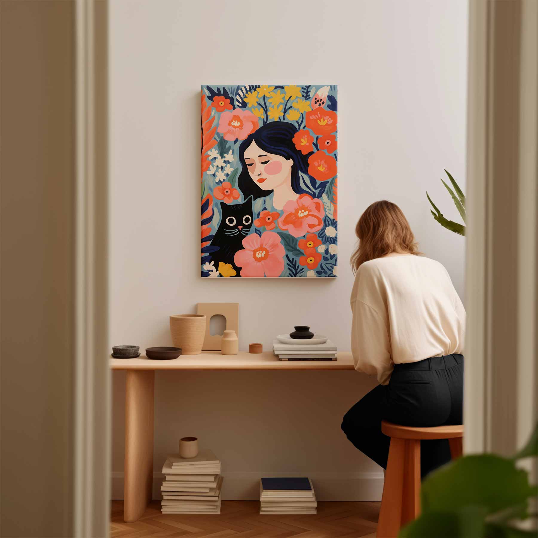 Bloemendroom met Kat Kunstwerk-canvas-dibond-plexiglas-wanddecoratie-WallArtistic