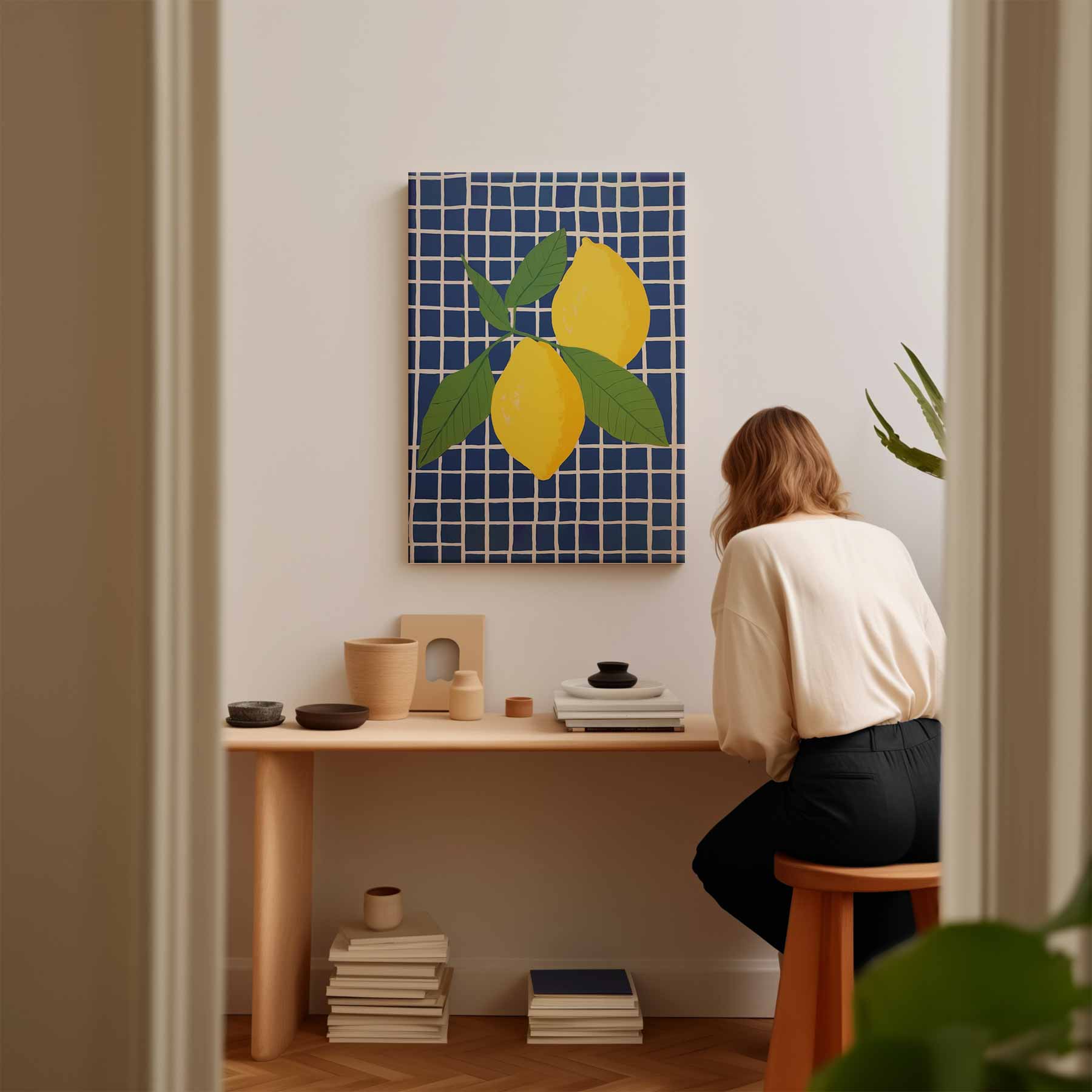 Zonnige Citroenen op Blauwe Tegel Kunstwerk-canvas-dibond-plexiglas-wanddecoratie-WallArtistic