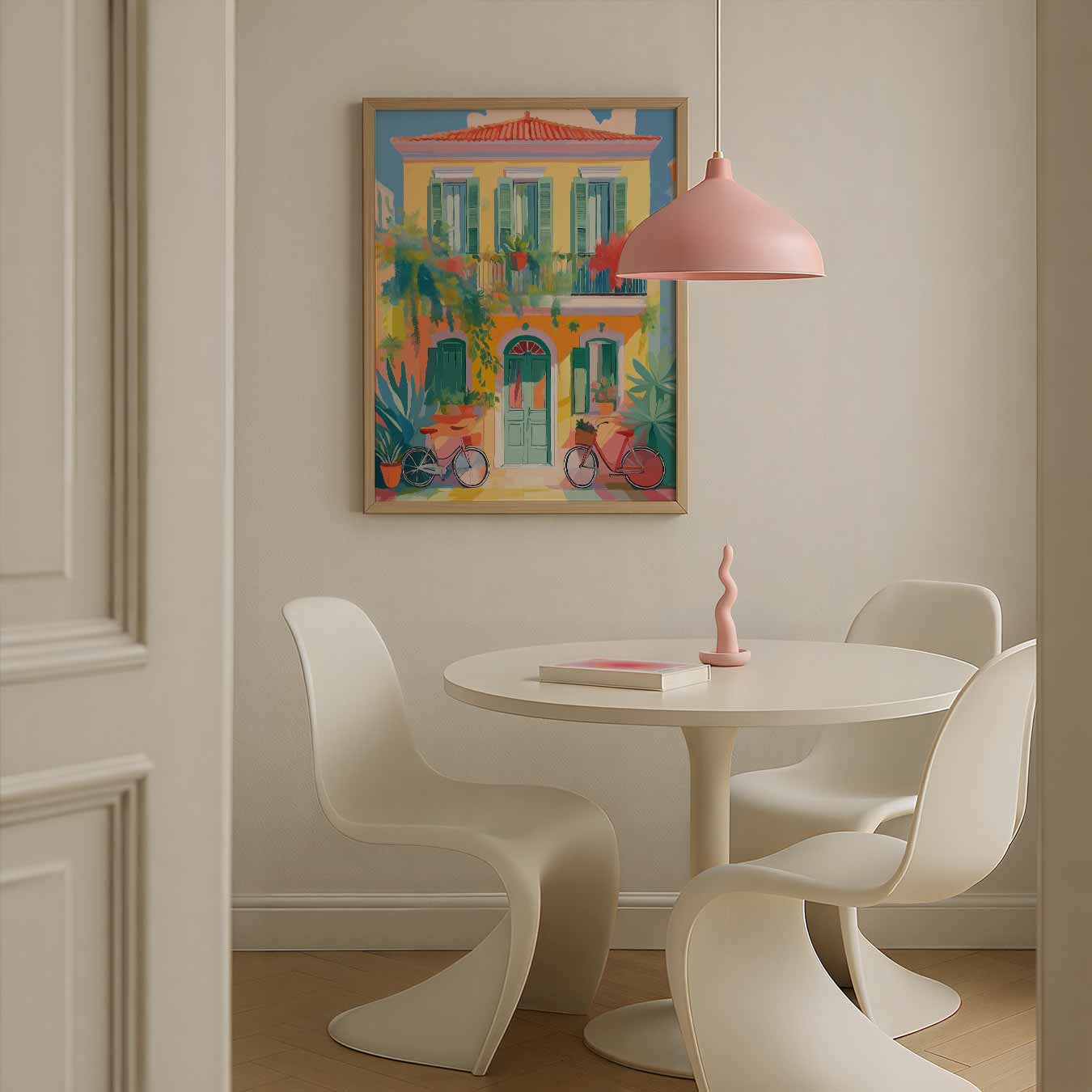 Zonnige Stadsgevel met Kleurrijke Fietsen Poster-WallArtistic