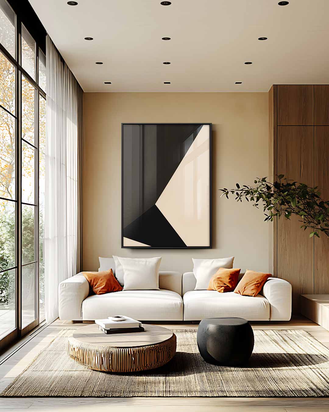 Abstracte Contrasten in Beige en Zwart Kunstwerk-canvas-dibond-plexiglas-wanddecoratie-WallArtistic