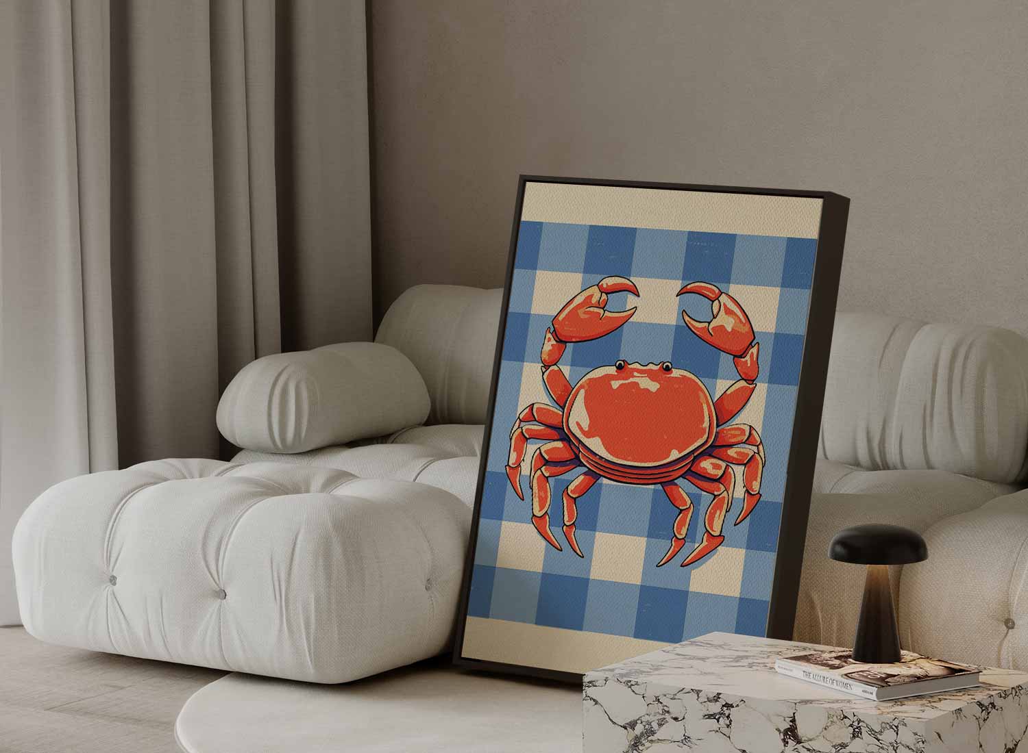Vrolijke Krab op Blauw-Wit Patroon Kunstwerk-canvas-dibond-plexiglas-wanddecoratie-WallArtistic