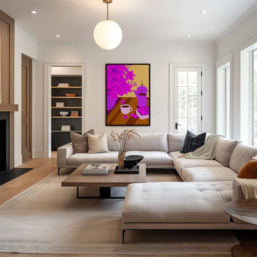 Koffieochtend Met Bloesems Kunstwerk-canvas-dibond-plexiglas-wanddecoratie-WallArtistic