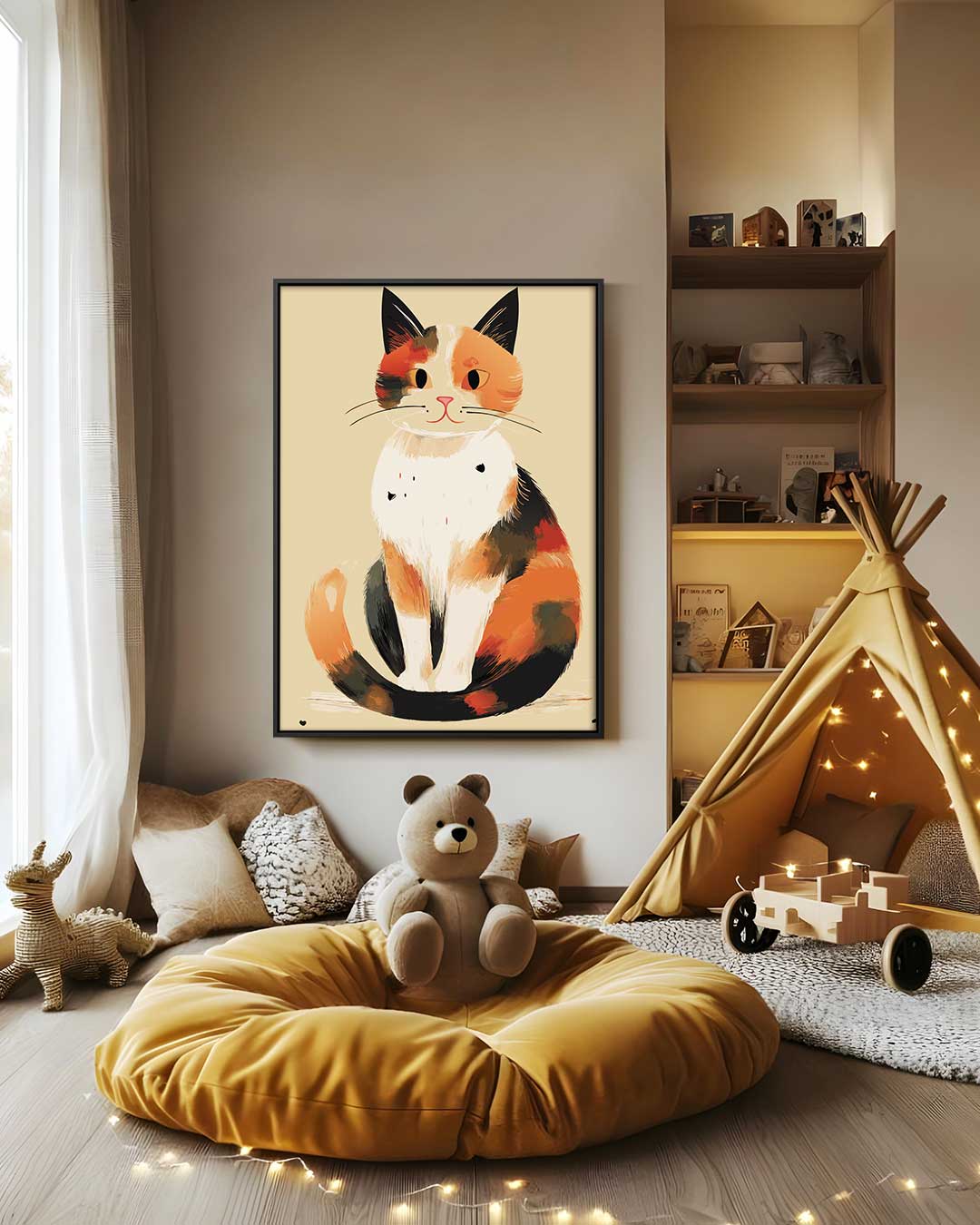Charmante Calico Kat Illustratie Kunstwerk-canvas-dibond-plexiglas-wanddecoratie-WallArtistic