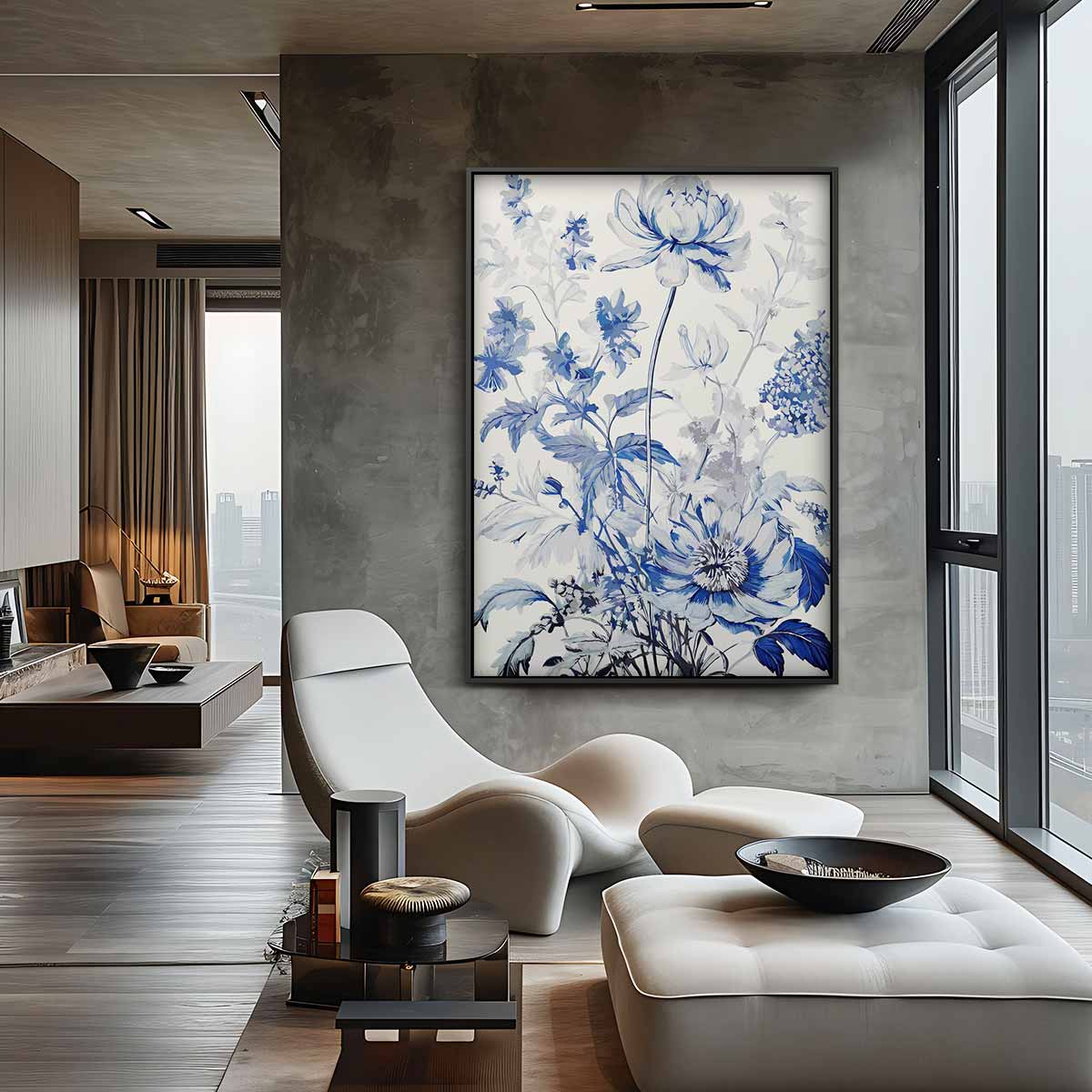 Elegante Bloemen in Blauw Kunstwerk-canvas-dibond-plexiglas-wanddecoratie-WallArtistic