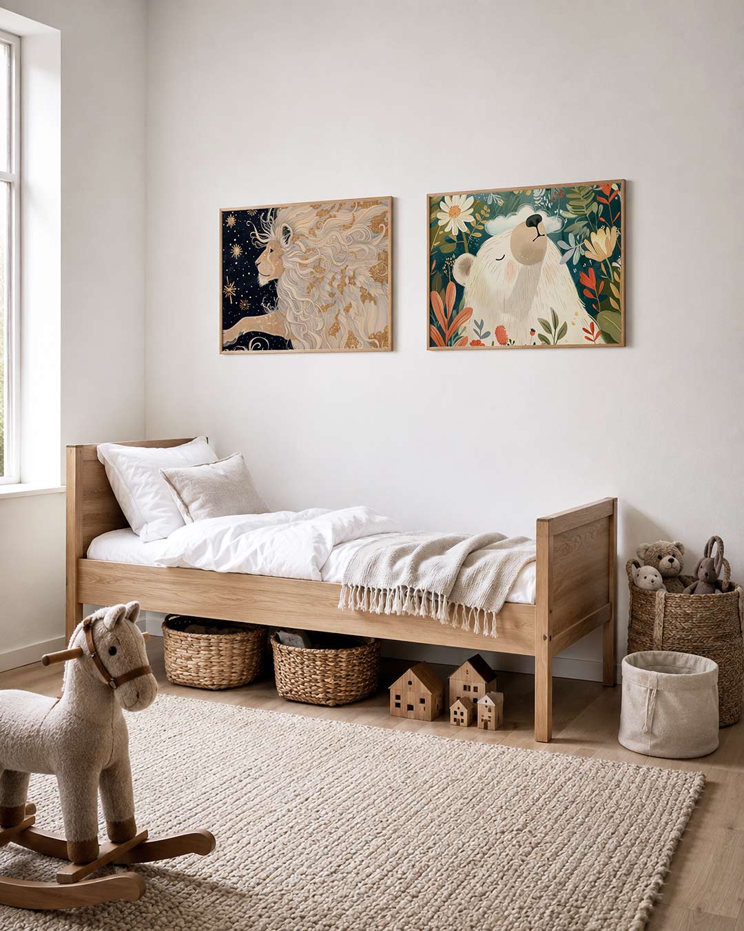 Twee liggende posters met een sierlijke leeuw met golvende manen in wit en goud, aan de muur in een interieur
