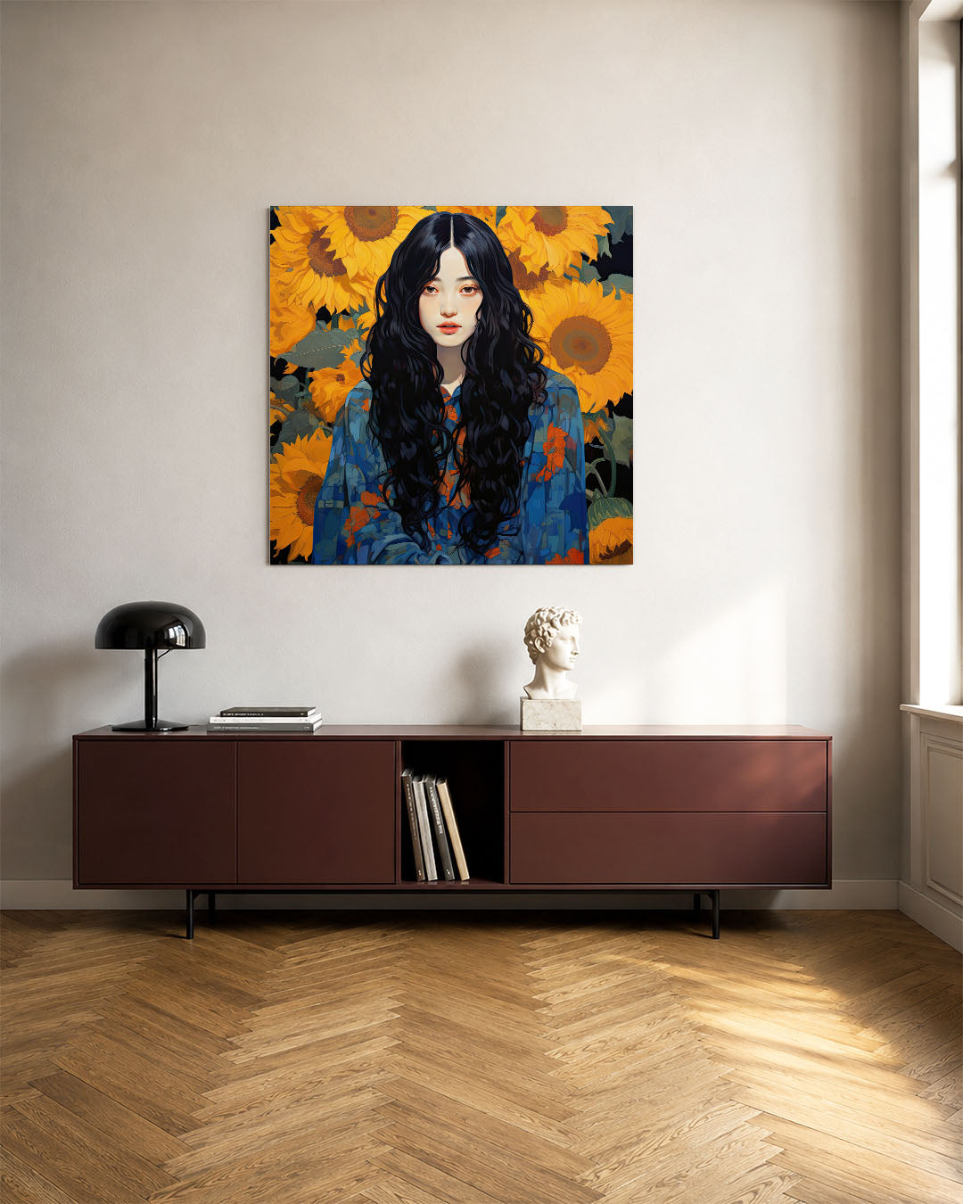 Vrouw met zonnebloemen Kunstwerk