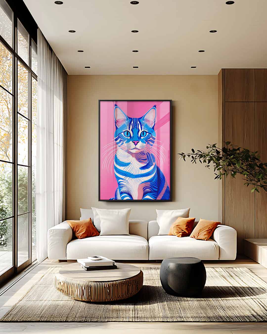 Blauw en Roze Kat Portret Kunstwerk-canvas-dibond-plexiglas-wanddecoratie-WallArtistic