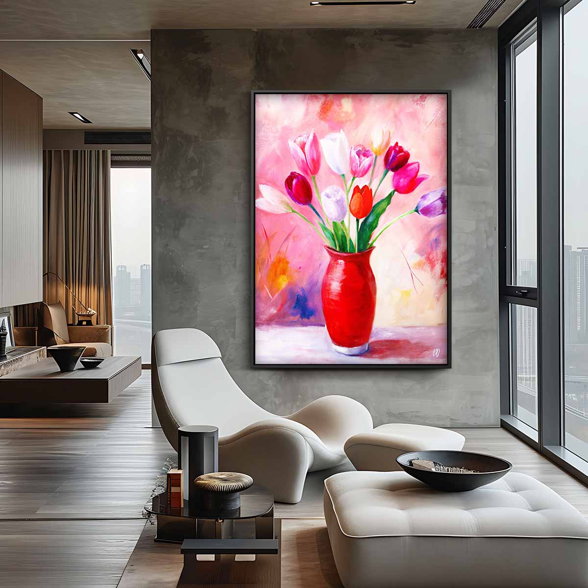 Kleurrijke Tulpen in Rode Vaas Kunstwerk-canvas-dibond-plexiglas-wanddecoratie-WallArtistic