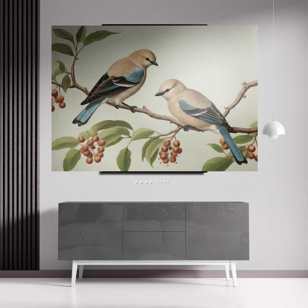 Twee Vogelvriendjes op een Tak Kunstwerk-canvas-dibond-plexiglas-wanddecoratie-WallArtistic
