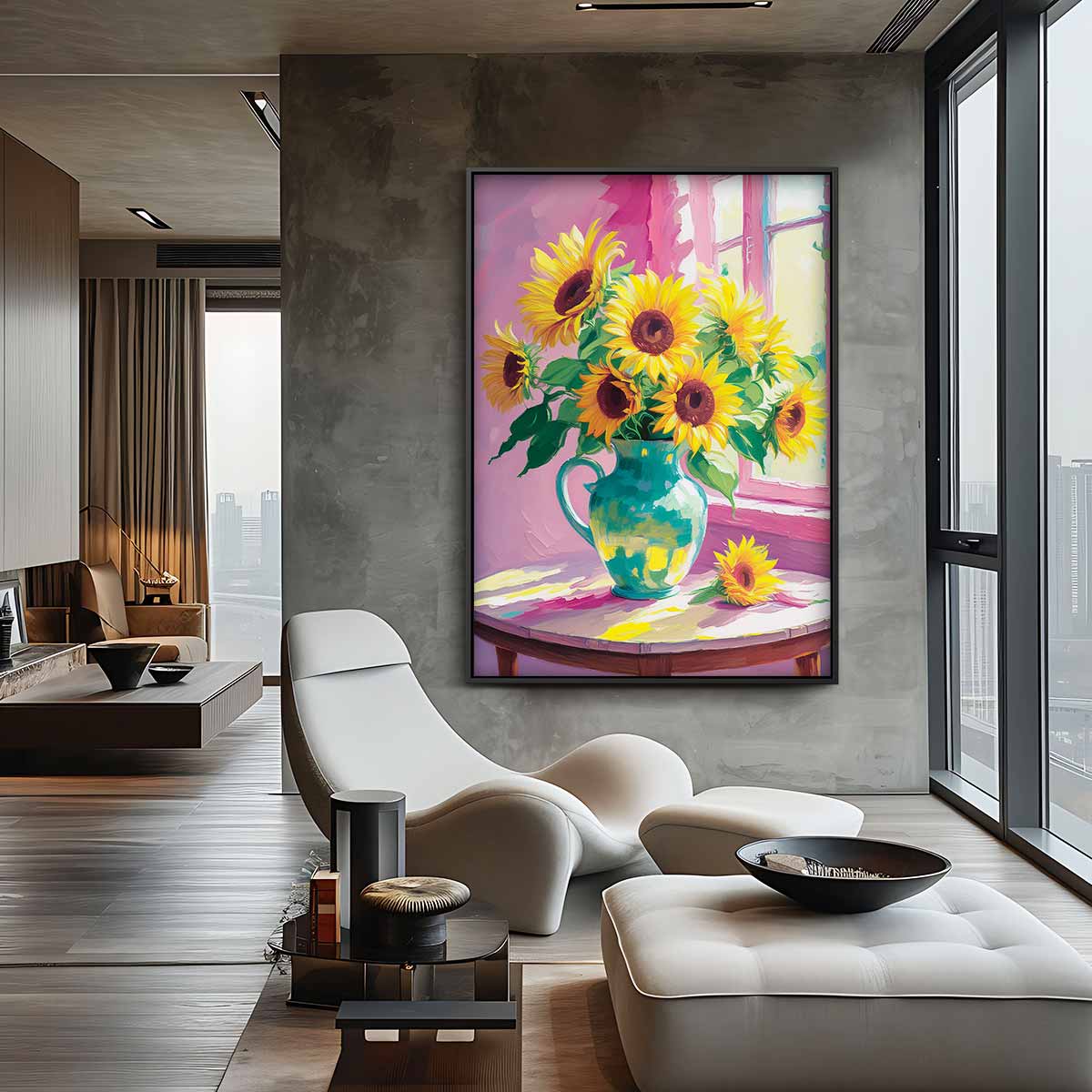 Stralende Zonnebloemen in Vaas Kunstwerk-canvas-dibond-plexiglas-wanddecoratie-WallArtistic