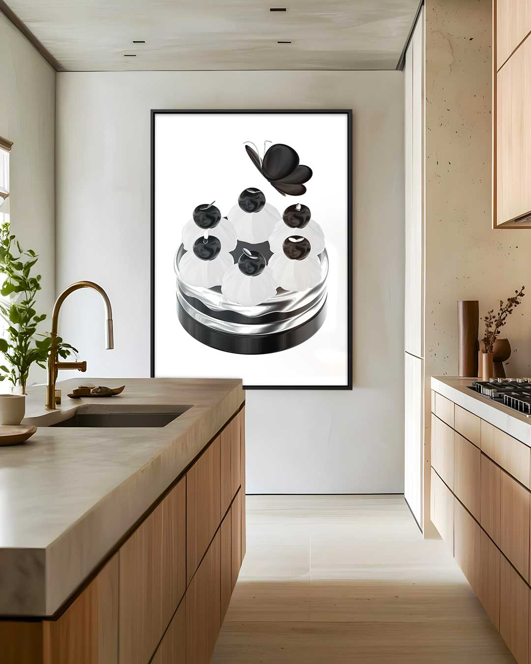 Zwart-witte vlinder op verfijnde taart Kunstwerk-canvas-dibond-plexiglas-wanddecoratie-WallArtistic