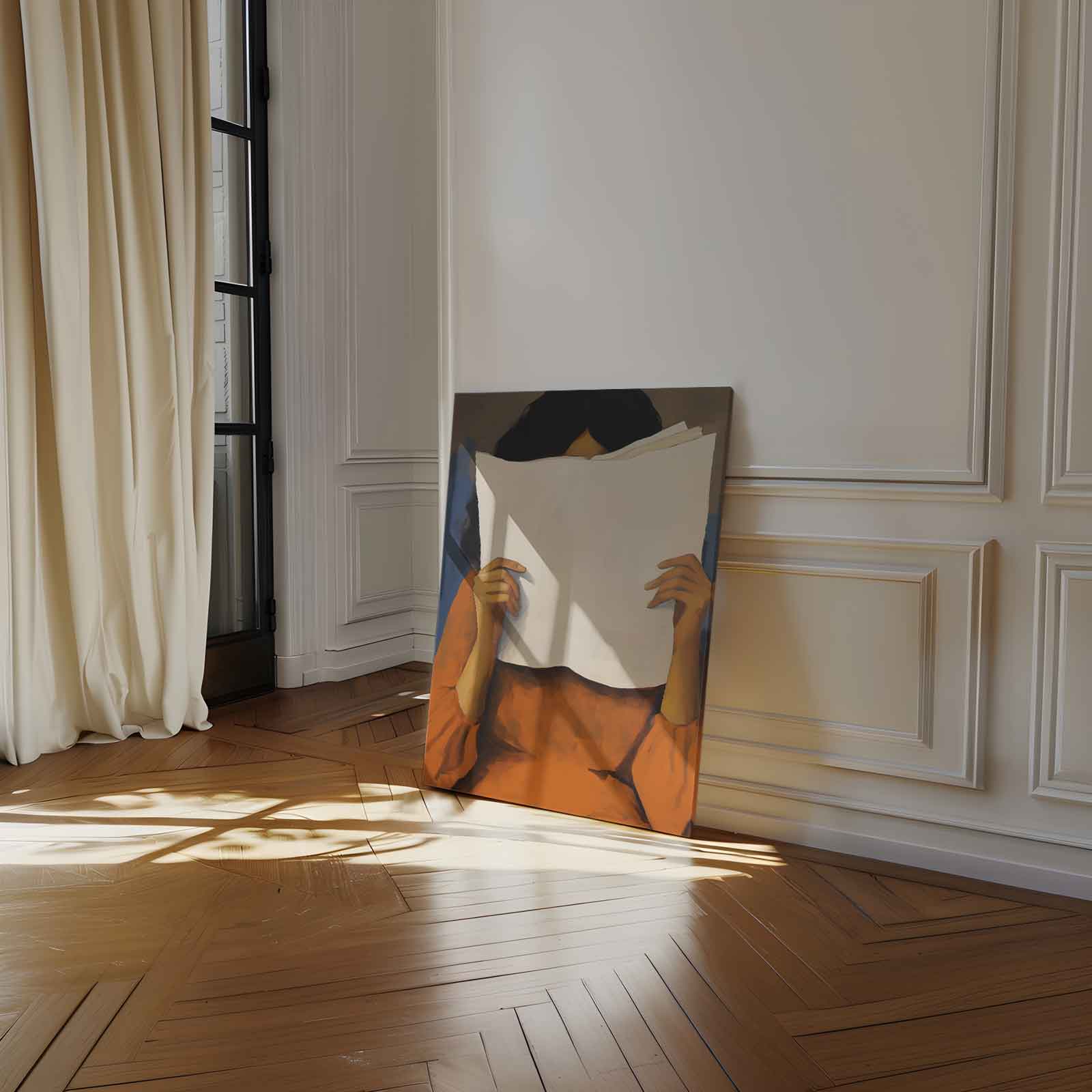 De Lezeres in Oranje Kunstwerk-canvas-dibond-plexiglas-wanddecoratie-WallArtistic