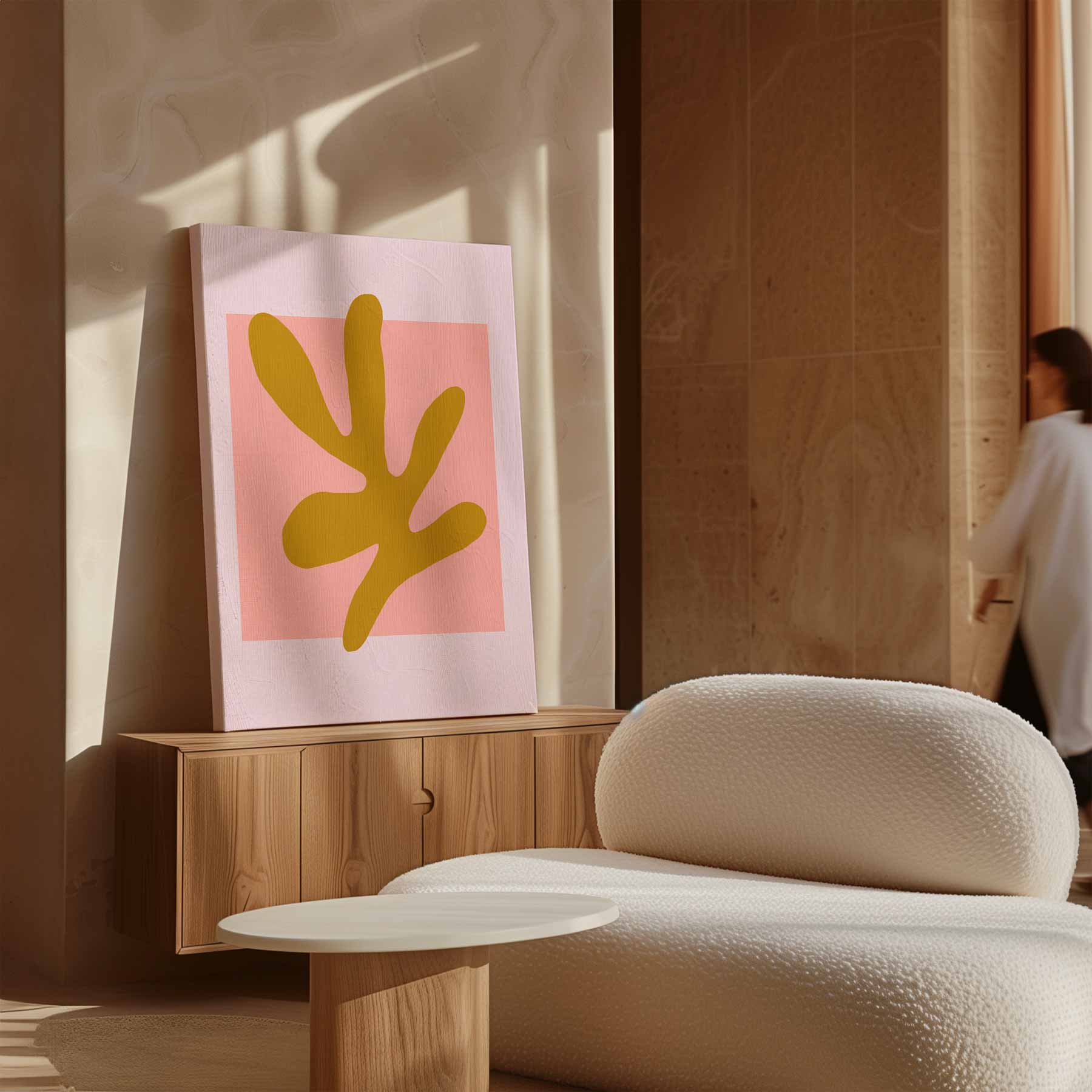 Abstracte Vormen in Oker en Roze Kunstwerk-canvas-dibond-plexiglas-wanddecoratie-WallArtistic