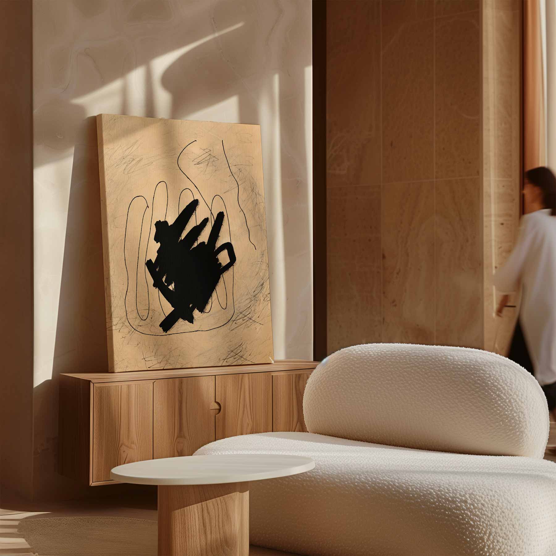 Abstracte Expressie in Zwart en Beige Kunstwerk-canvas-dibond-plexiglas-wanddecoratie-WallArtistic