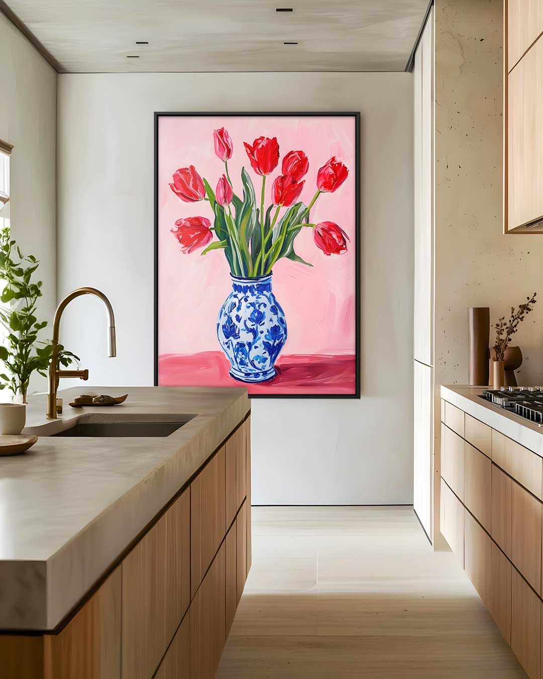 Vrolijke Tulpen in Delfts Blauw Kunstwerk-canvas-dibond-plexiglas-wanddecoratie-WallArtistic