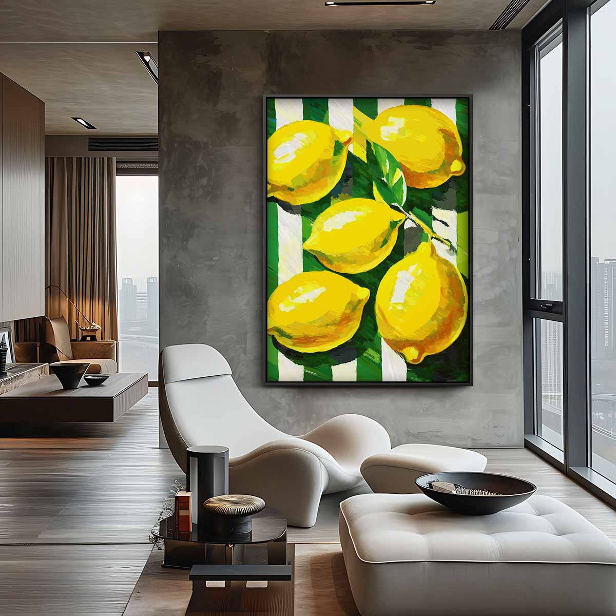 Citroenen op een Gestreepte Achtergrond Kunstwerk-canvas-dibond-plexiglas-wanddecoratie-WallArtistic