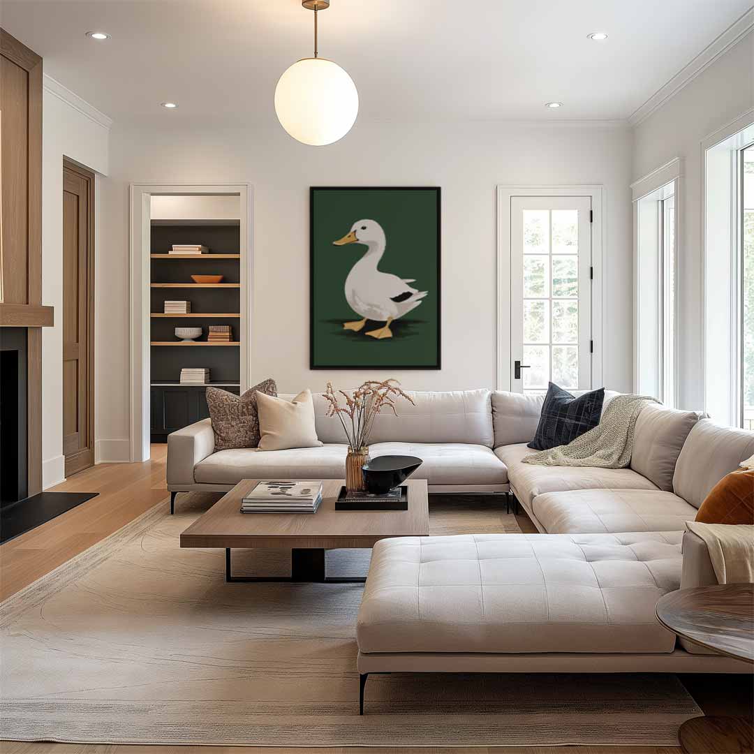 Vrolijke Eend op Donkergroene Achtergrond Kunstwerk-canvas-dibond-plexiglas-wanddecoratie-WallArtistic