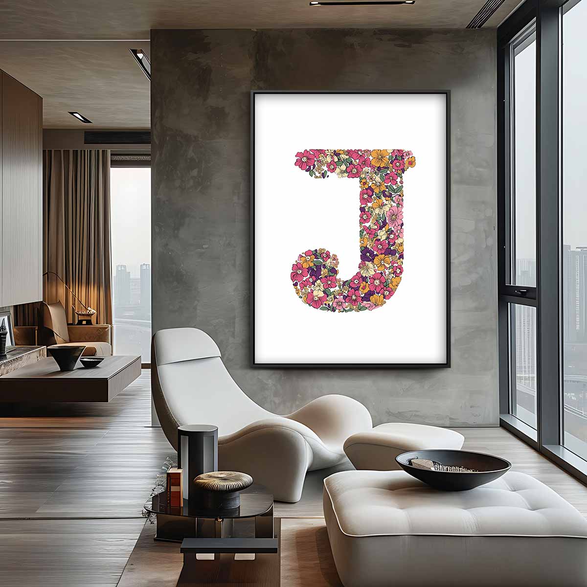 Bloemen Initialen Kunstwerk - J Kunstwerk-canvas-dibond-plexiglas-wanddecoratie-WallArtistic