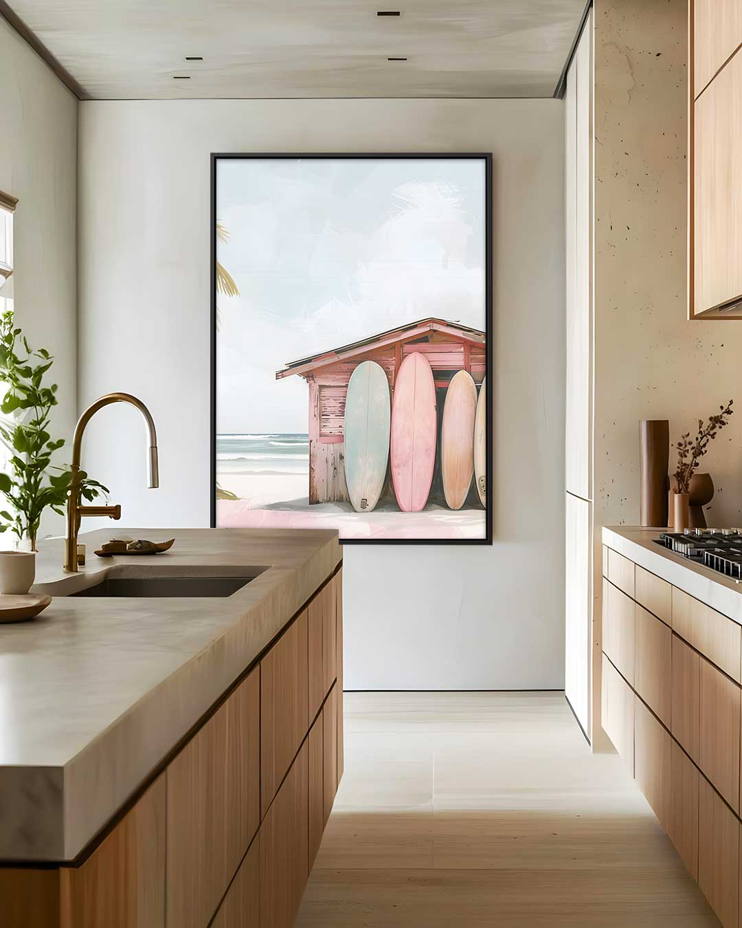 Strandhut met Surfplanken Kunstwerk-canvas-dibond-plexiglas-wanddecoratie-WallArtistic