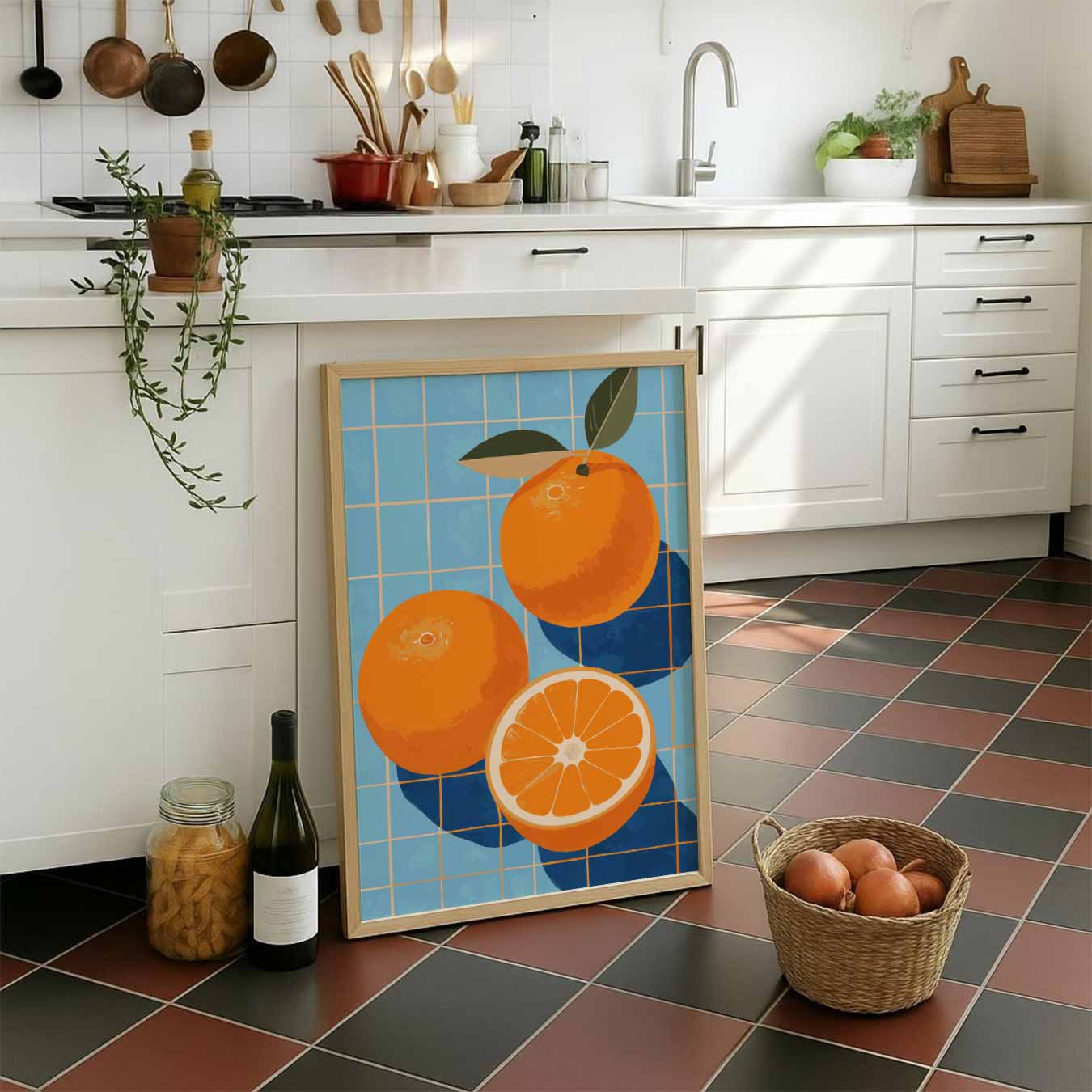 Zonnige Sinaasappels op Blauwe Tegels Poster
