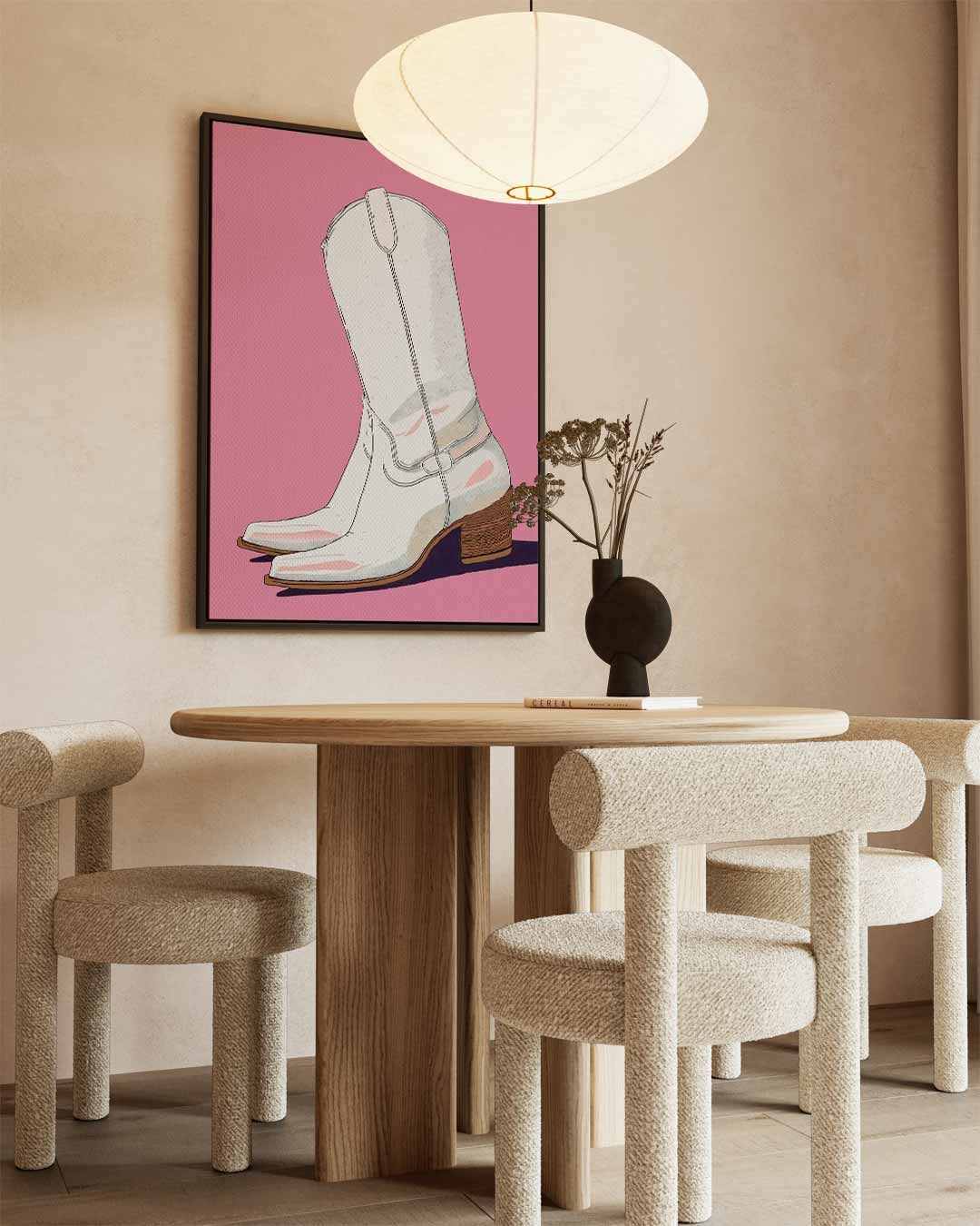 Witte Cowboylaarzen op Roze Achtergrond Kunstwerk-canvas-dibond-plexiglas-wanddecoratie-WallArtistic