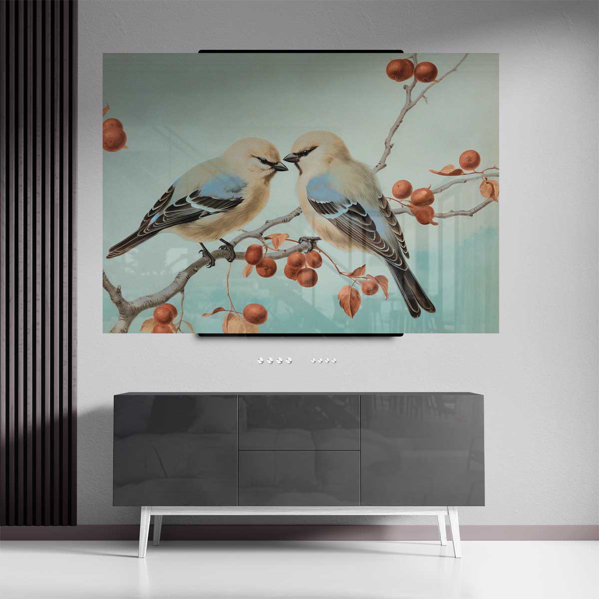 Twee Vogels op een Tak Kunstwerk-canvas-dibond-plexiglas-wanddecoratie-WallArtistic