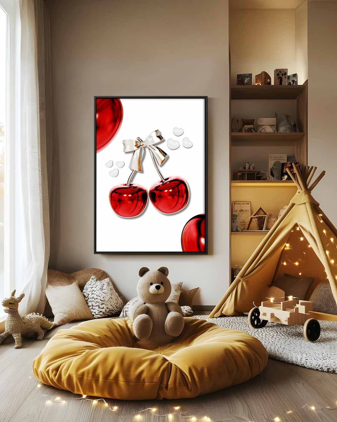 Glanzende Kersen met Strik Kunstwerk-canvas-dibond-plexiglas-wanddecoratie-WallArtistic