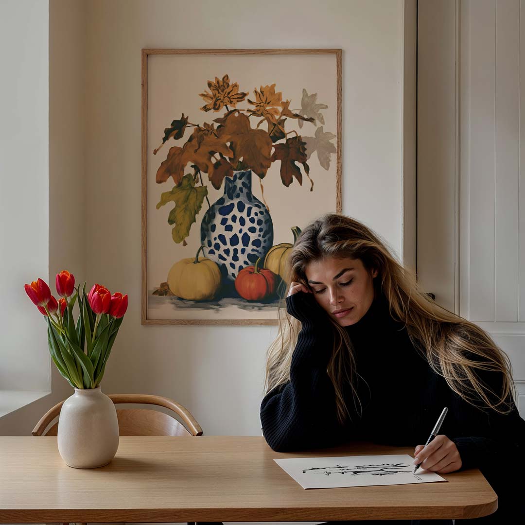 Herfstige Bloemen en Pompoenen Poster-WallArtistic