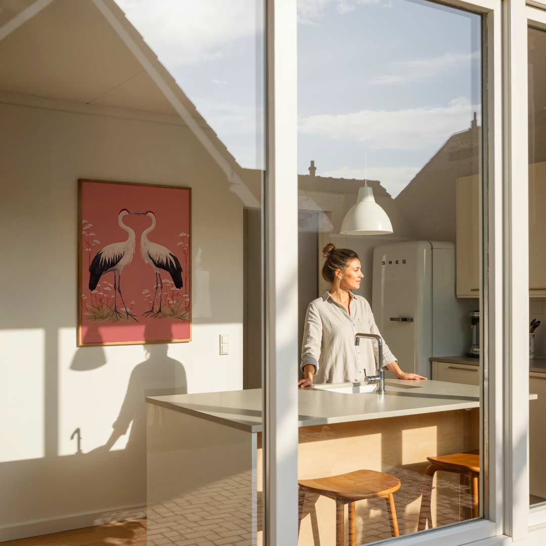 Elegante Kraanvogels op Roze Achtergrond Poster-WallArtistic