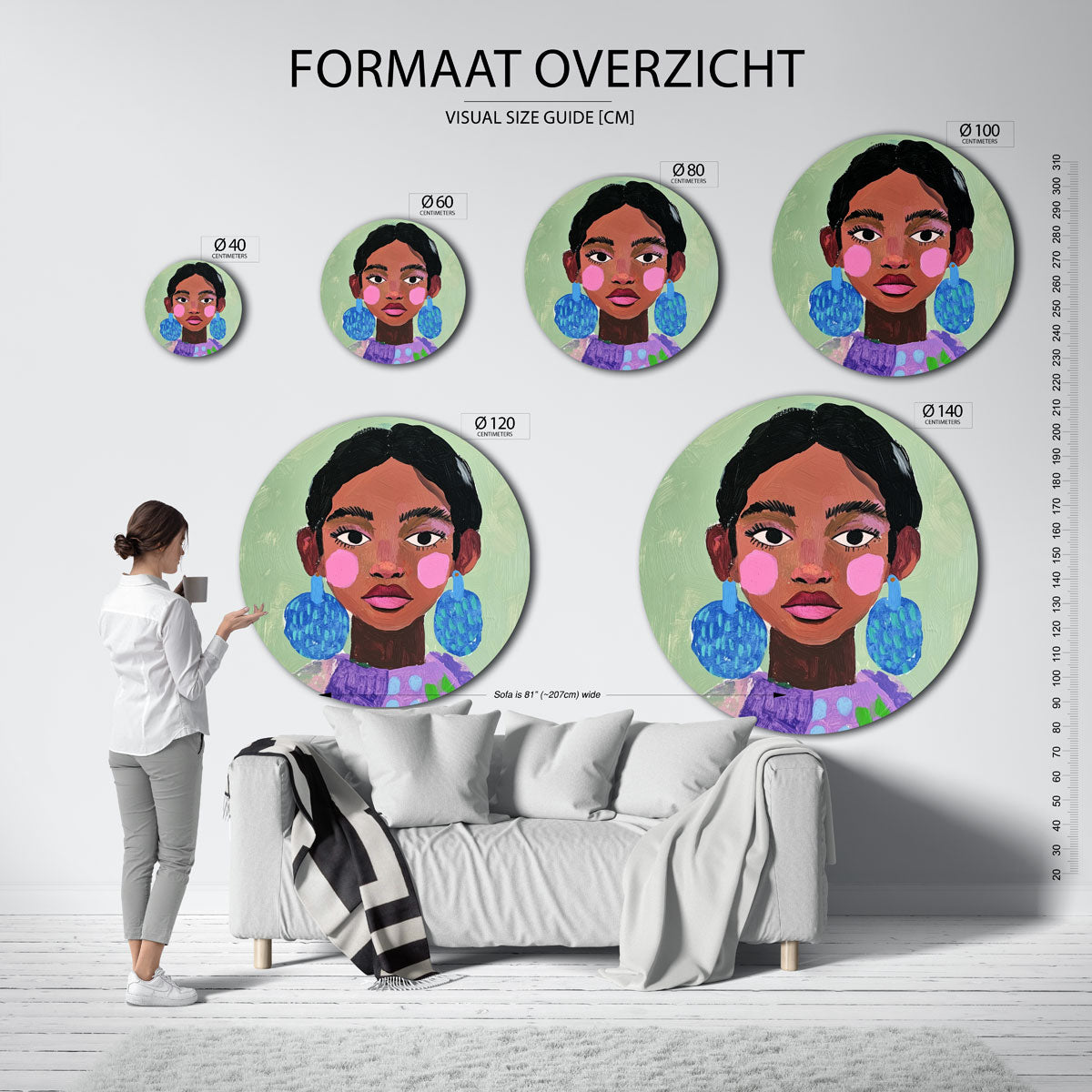 Portret met blauwe oorbellen Muurcirkel
