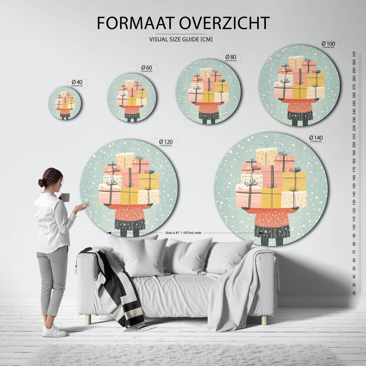 Cadeaus stapelen Muurcirkel – extra productweergave – Een persoon draagt een stapel kleurrijke cadeaus in roze, geel en wit