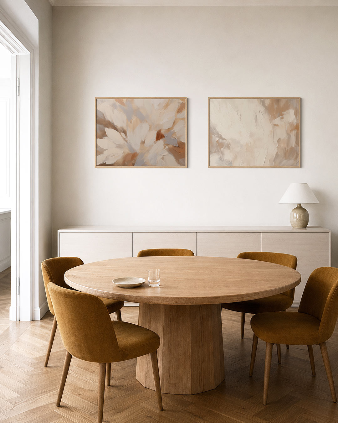 Tweedelige posterset met zachte, organische vormen in warme tinten, getoond in een interieur