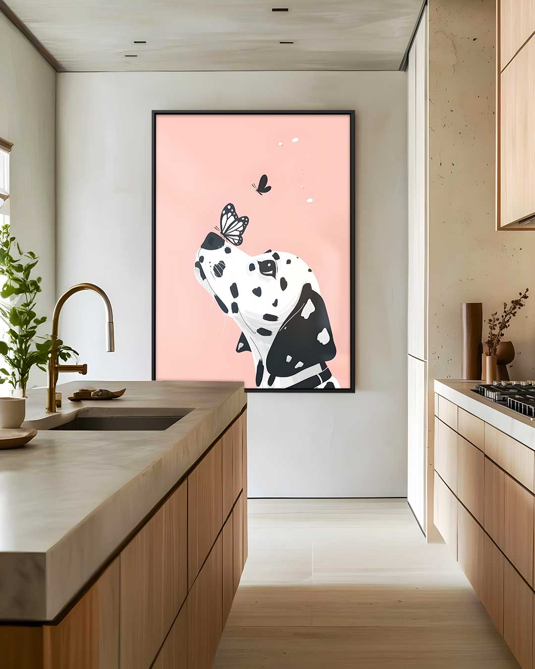 Dalmatier en Vlinder op Zachtroze Kunstwerk-canvas-dibond-plexiglas-wanddecoratie-WallArtistic