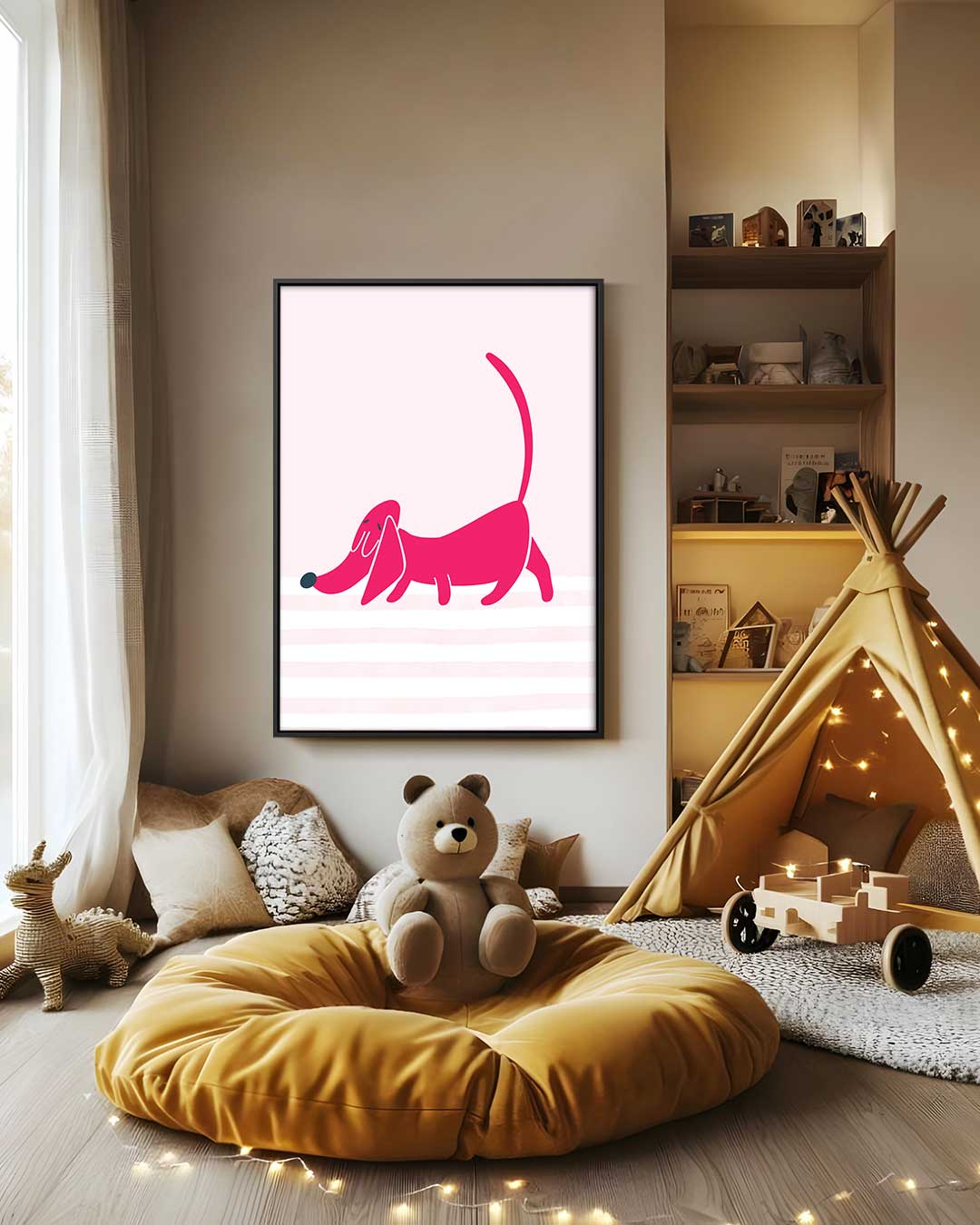 Roze Teckel Illustratie Kunstwerk-canvas-dibond-plexiglas-wanddecoratie-WallArtistic