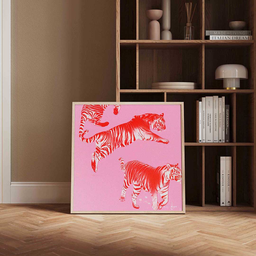 Tijgers op roze achtergrond Poster