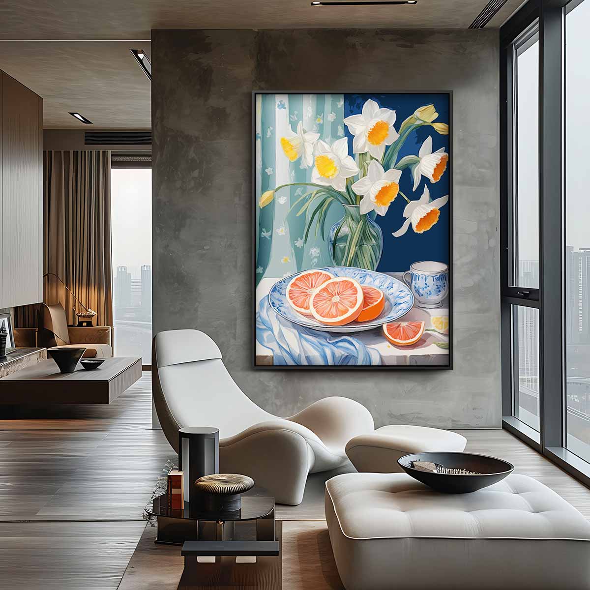 Lente Stilleven met Narcissen en Grapefruit Kunstwerk-canvas-dibond-plexiglas-wanddecoratie-WallArtistic