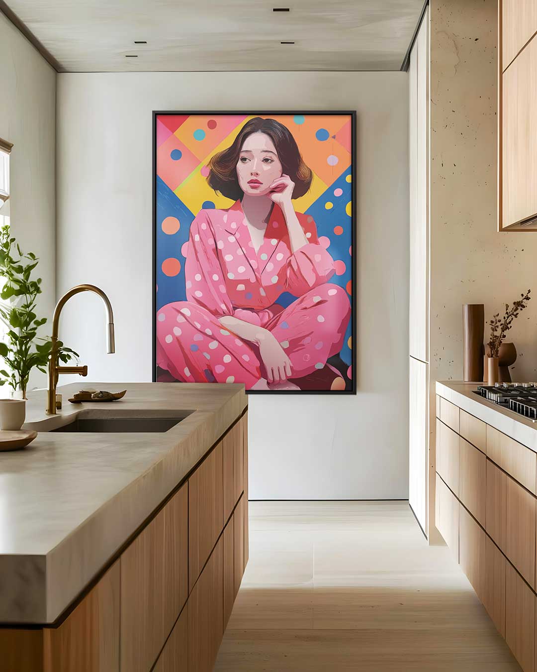 Kleurrijk Portret met Polka Dots Kunstwerk-canvas-dibond-plexiglas-wanddecoratie-WallArtistic