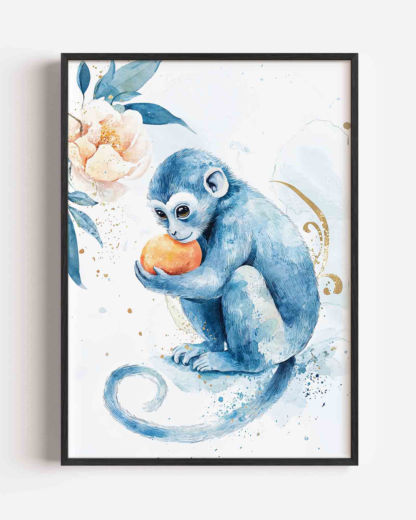 Blauwe aap met sinaasappel Poster