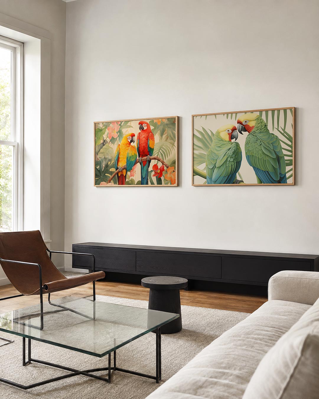 Twee liggende posters met twee kleurrijke papegaaien op een tak tussen groene bladeren, aan de muur in een interieur