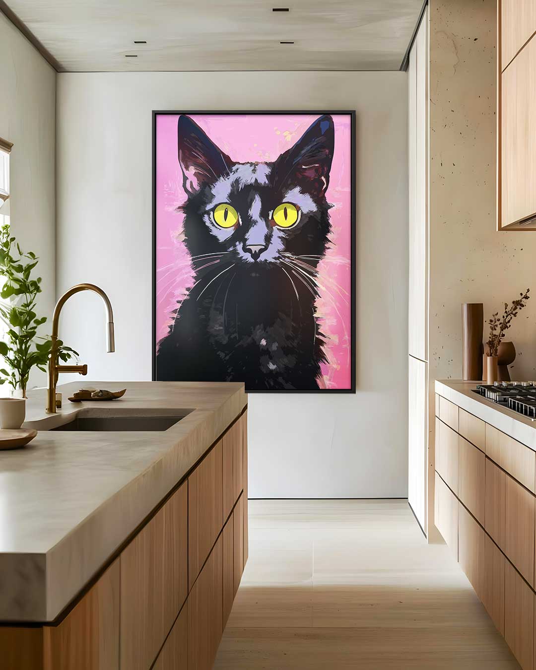 Kattenportret met Roze Achtergrond Kunstwerk-canvas-dibond-plexiglas-wanddecoratie-WallArtistic