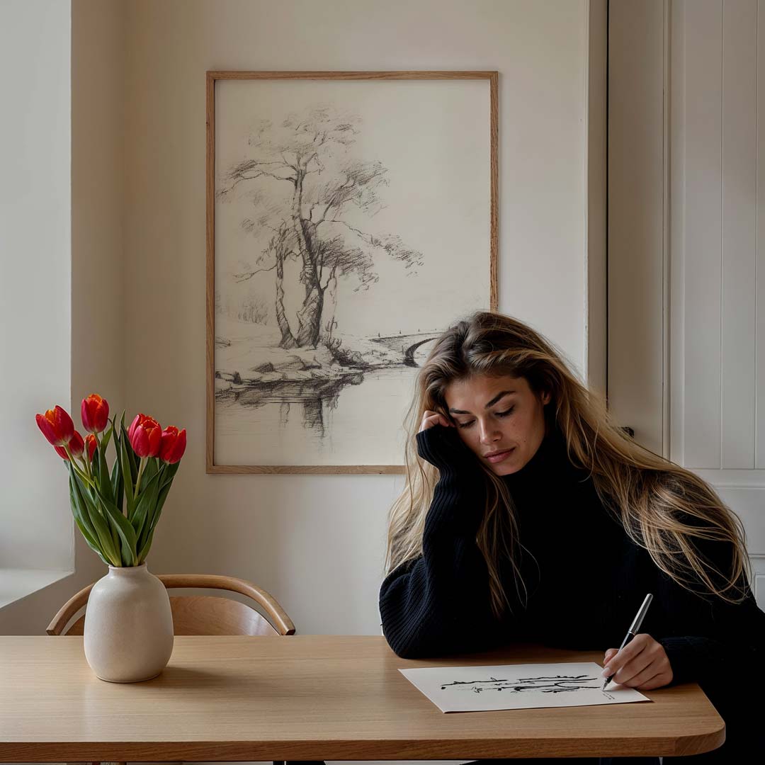 Tijdloze Schets van Brug en Boom Poster-WallArtistic