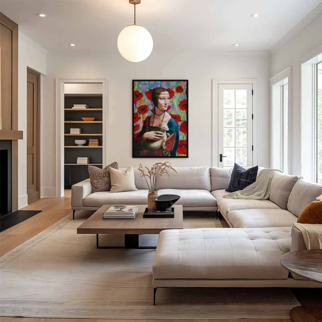 Vrouw met Wezel en Rode Bloemen Kunstwerk-canvas-dibond-plexiglas-wanddecoratie-WallArtistic