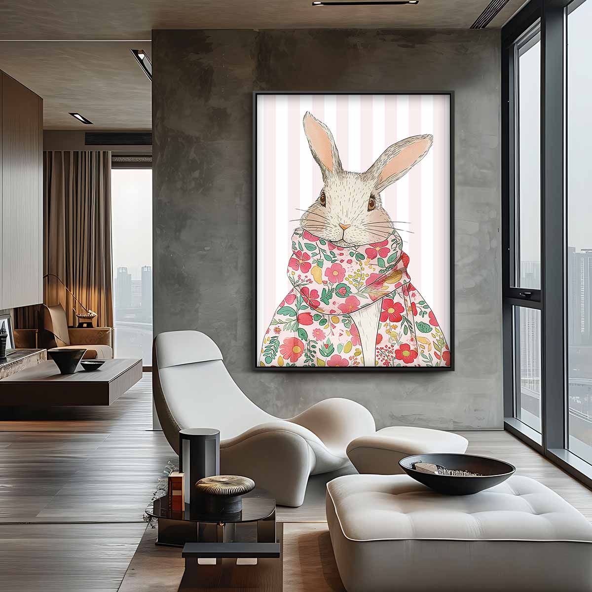 Stijlvolle Konijnenprint met Bloemendetail Kunstwerk-canvas-dibond-plexiglas-wanddecoratie-WallArtistic