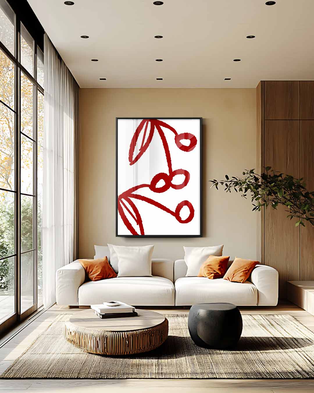 Speelse Kersenlijntekening Kunstwerk-canvas-dibond-plexiglas-wanddecoratie-WallArtistic
